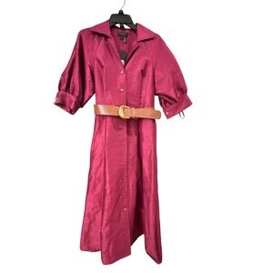 Donna Karan New York Berry Pink Dupioni Belted Midi Shirt Dress KA4L1182 Size 6